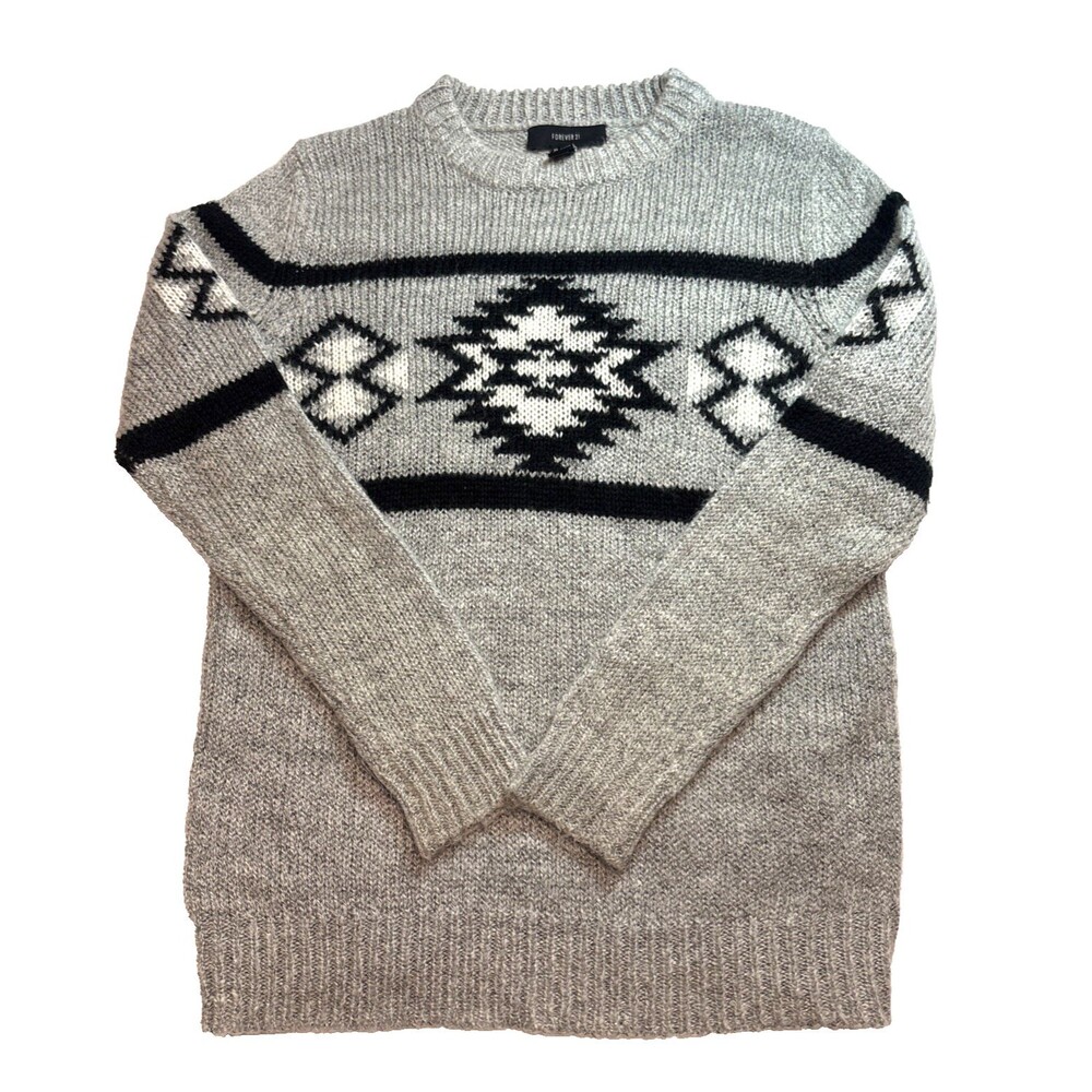 Forever 21 Sweater Heather Gray Black Southwestern design Womens size S